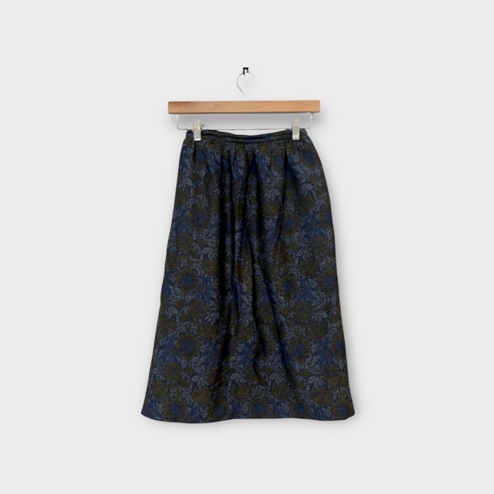 Vintage | Blue and Yellow Floral 100% Wool Midi Skirt Size XS Timeless‎ Classic